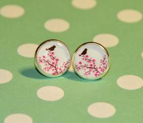 Bird on Cherry Blossom Silver Resin Post Earrings