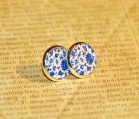 Pretty Blue Floral Silver Resin Post Earrings