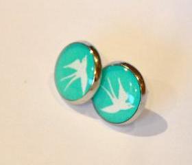 White Swallow on Turquoise Resin Post Silver Earrings