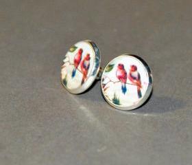 Pair of Sweet Rasberry Birds Resin Post Silver Earrings