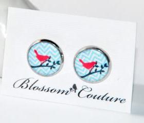 Red Bird on Blue Chevron Resin Silver Post Earrings