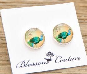 Pretty Peacocks Resin Silver Post Earrings
