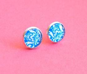 Blue Damask Pattern Resin Post Silver Earrings