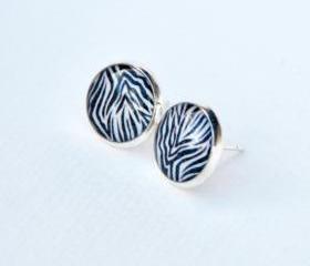 Zebra Pattern Resin Post Silver Earrings