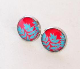 Red and Turquoise Leaves Resin Post Silver Earrings