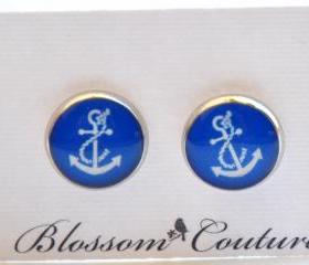 Blue Anchor Resin Post Silver Earrings