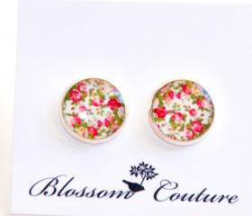 Shabby Chic Roses Resin Post Silver Earrings