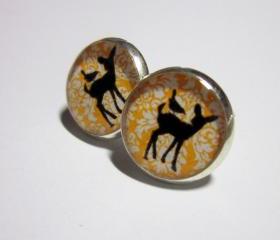 Baby Deer and Bird on Tangerine Damask Pattern Resin Post Silver Earrings