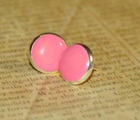 Pink Dot Resin Post Silver Earrings