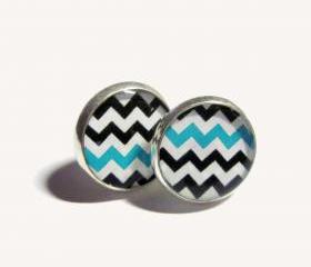 Turquoise and Black Chevron Pattern Resin Post Silver Earrings