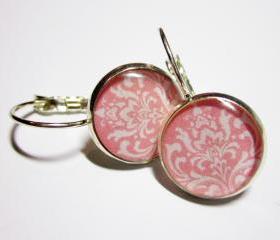 Pink Damask Leverback Silver Resin Earrings