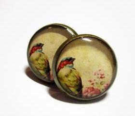 Bird in Garden Antique Brass Post Resin Earrings