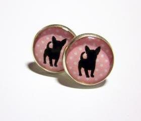 Chihuahua on Pink Dots Silver Resin Post Earrings 