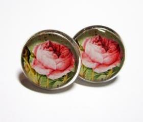 Pink Cabbage Rose Silver Resin Post Earrings 