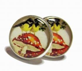 Sweet Birds on Mushroom Silver Resin Post Earrings 