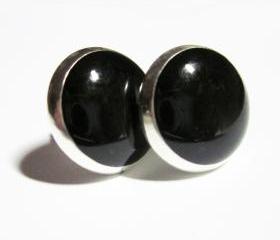 Midnight Black Dot Resin Post Silver Earrings